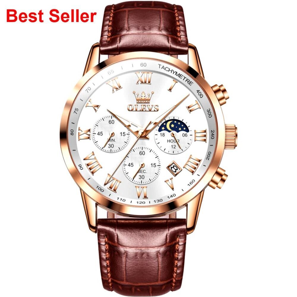 Leather Watch with Date Luminous Dial Stainless Steel Case